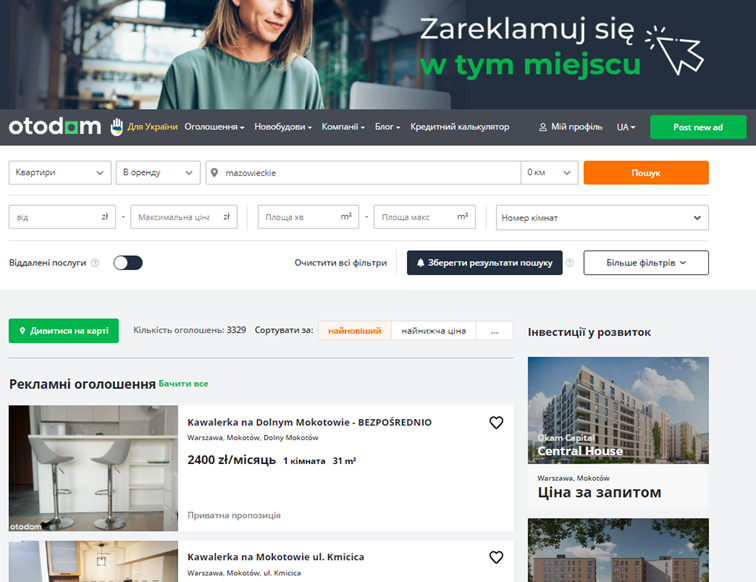 аренда квартиры в Варшаве на OtoDom