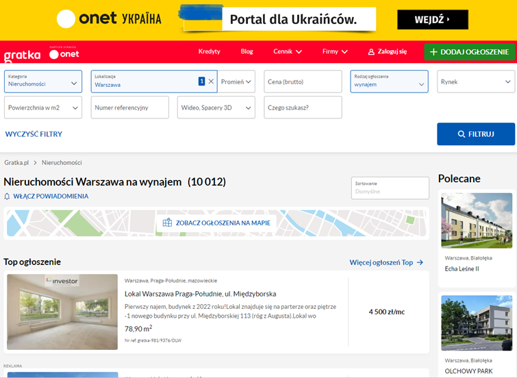 аренда квартиры в Варшаве на Gratka.pl